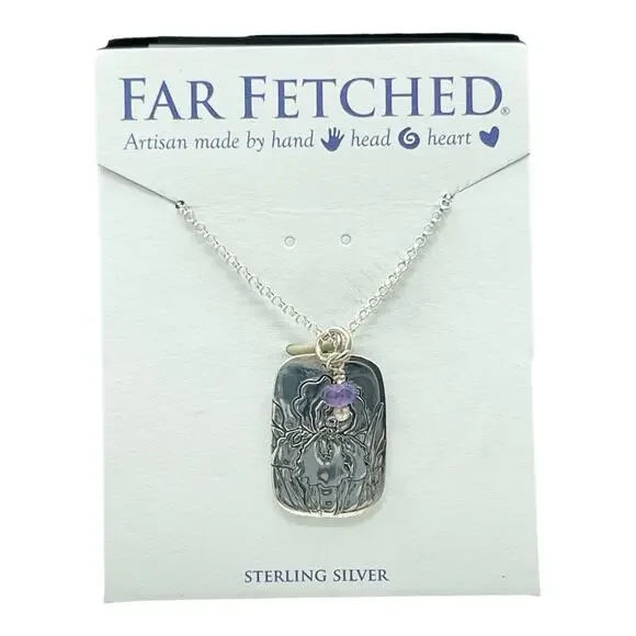Far Fetched Amethyst Iris Flower Quote Pendant Necklace 925 Sterling Silver - Picture 4 of 4
